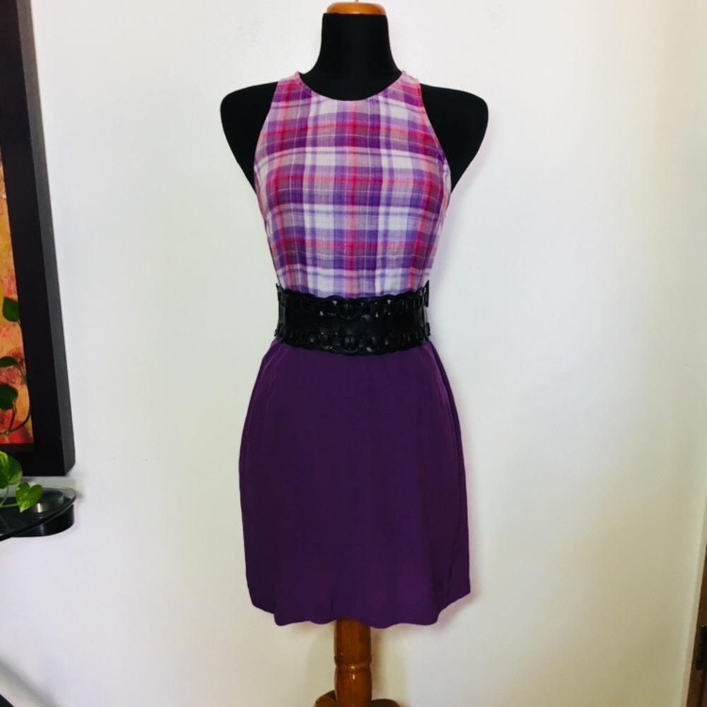 RORY BECA Dress Plaid Top Small lavender Purple Plaid Gauze Two Tone Racer Back